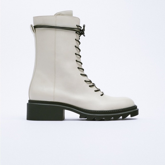 Zara Shoes - NWT. Zara Ecru Leather Low Heel Ankle Boots. Size 10.